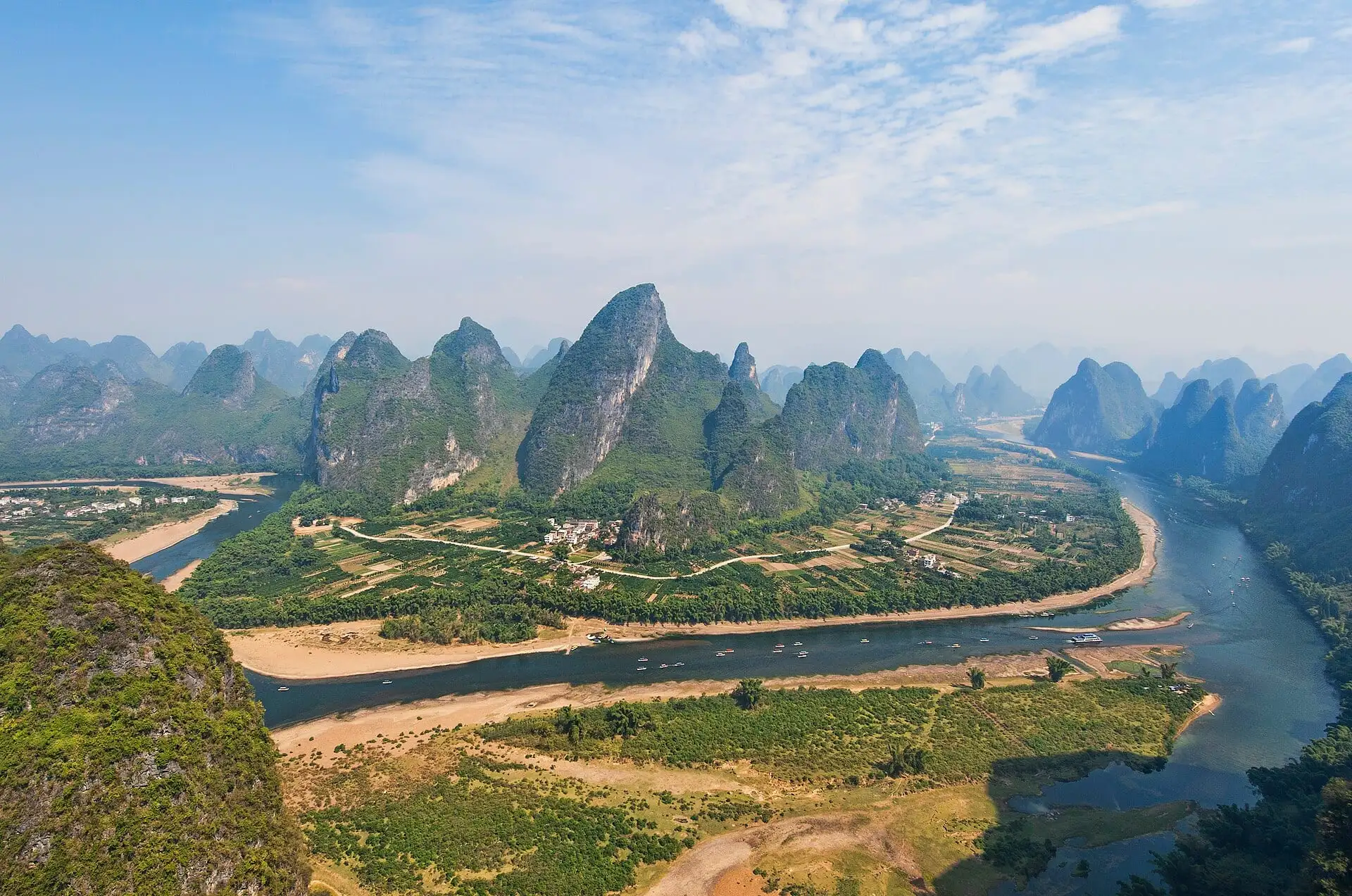 The Li River winding between karst peaks near Yangshuo